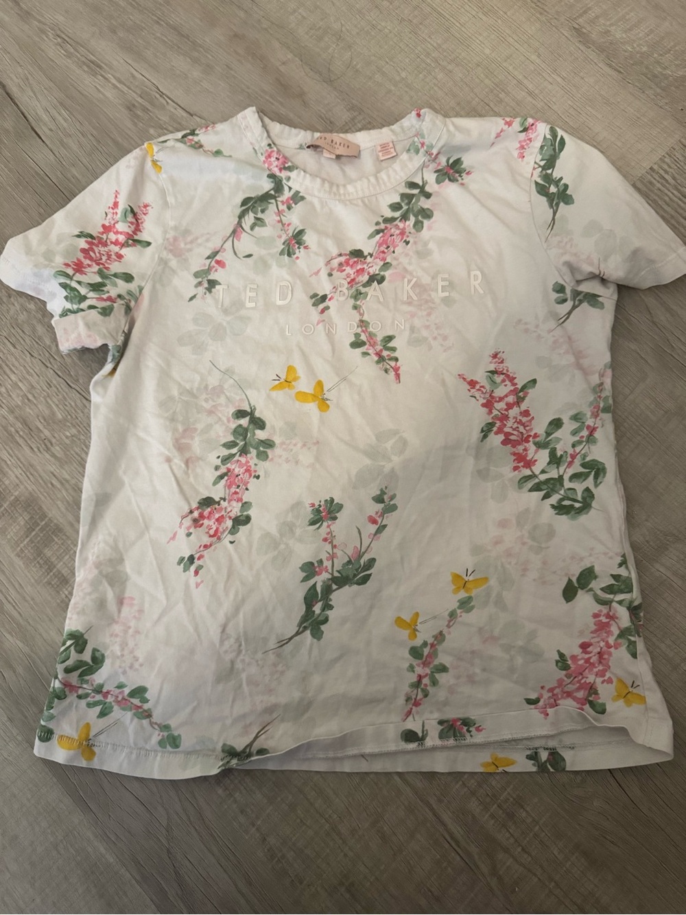 Ted Baker White Tee with Pink Floral & Yellow Butterfly Accents